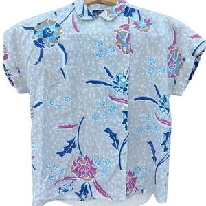 Amanda‎ Women Button Up Shirt 11/12 Tan Floral Asymmetrical Vintage Art Boho